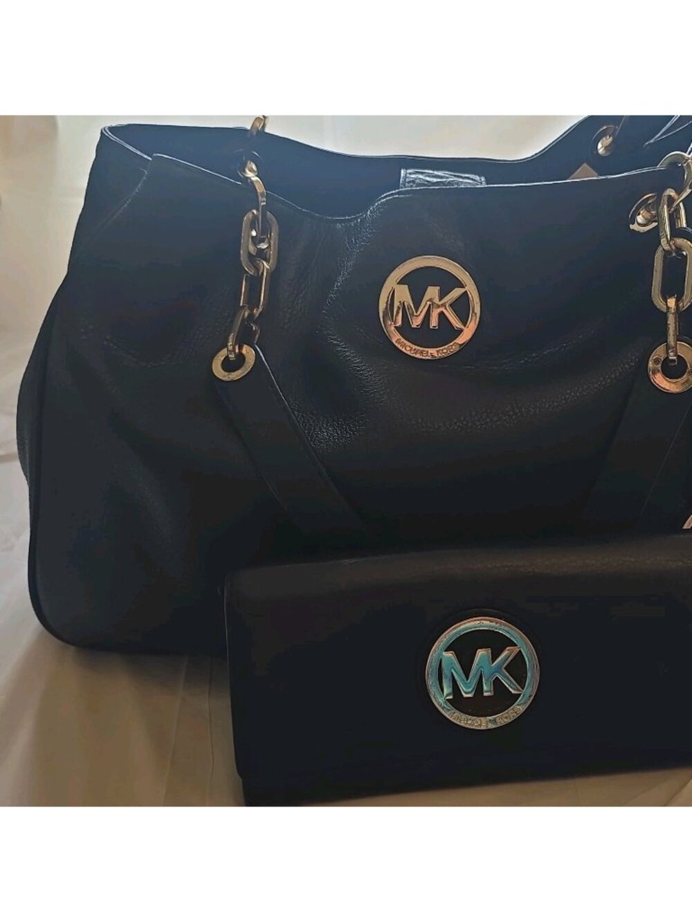 Michael Kors Large Black Pebbled Shoulder Bag MK Logo W/ Wallet - Picture 1 of 16